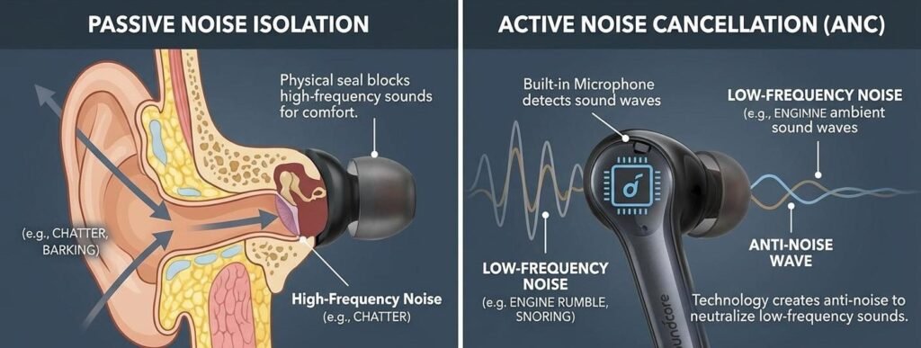 passive noise cancellation vs active noise cancellation ANC