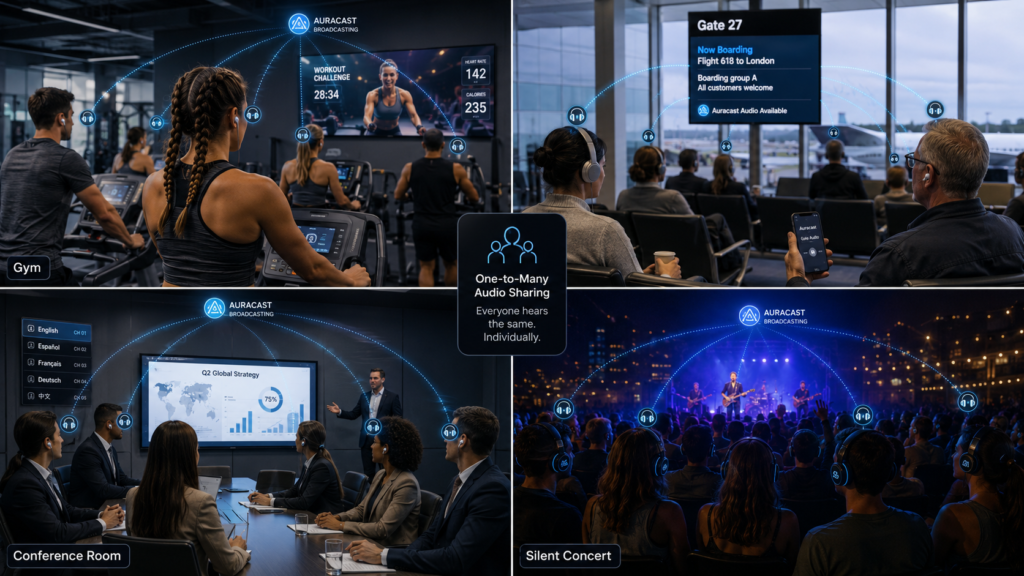 Real-world Auracast use case visual showing one-to-many Bluetooth LE Audio sharing in a gym, airport, conference room, and silent concert with wireless earbuds, headphones, hearing aids, and connected listeners.