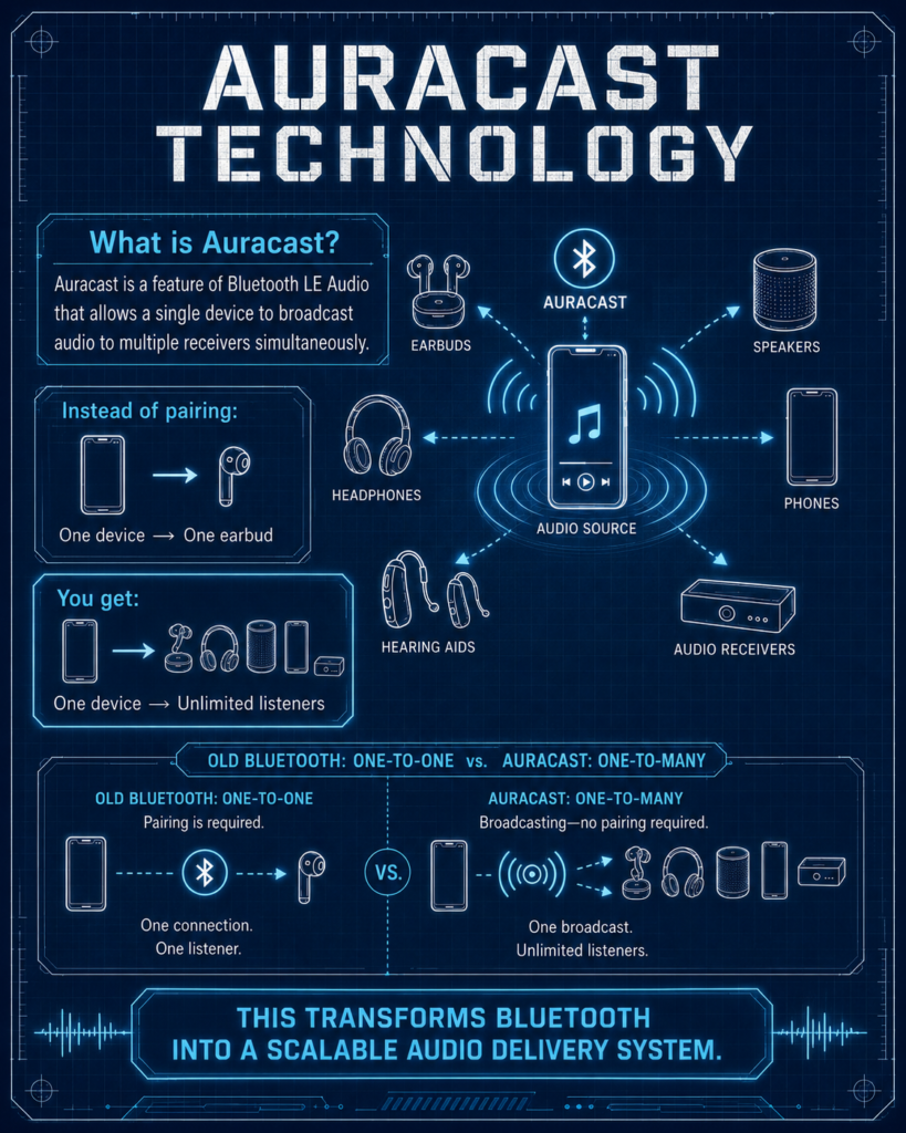 Blueprint-style poster explaining Auracast technology, showing Bluetooth LE Audio broadcasting from one device to multiple earbuds, headphones, hearing aids, speakers, phones, and audio receivers.