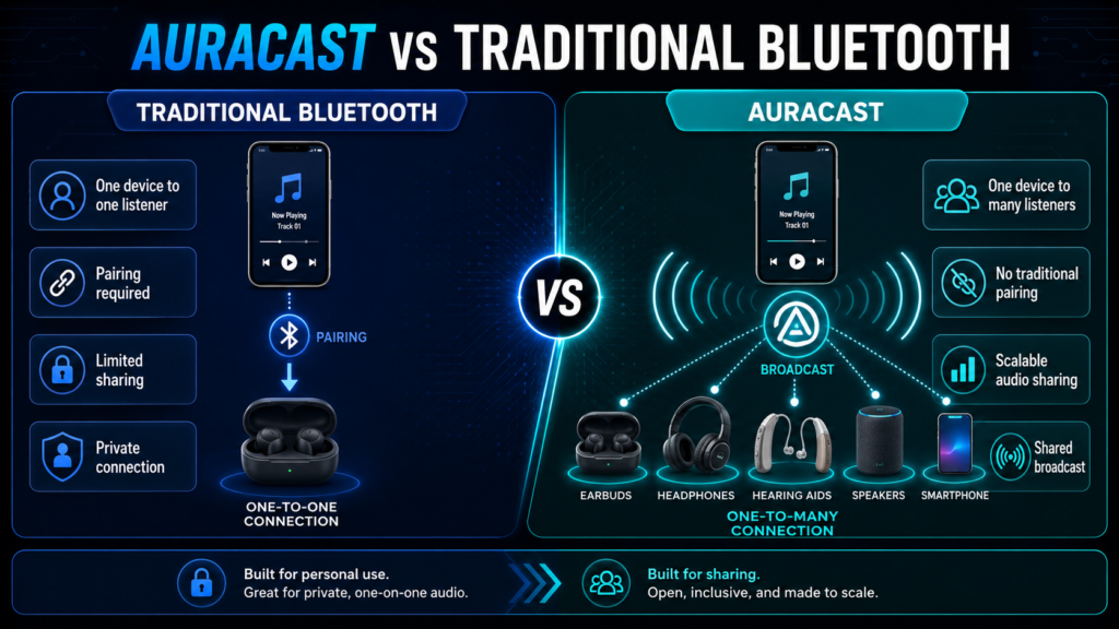 Auracast vs traditional Bluetooth comparison infographic showing one-to-one Bluetooth pairing versus one-to-many Auracast broadcasting with earbuds, headphones, hearing aids, speakers, and smartphones.