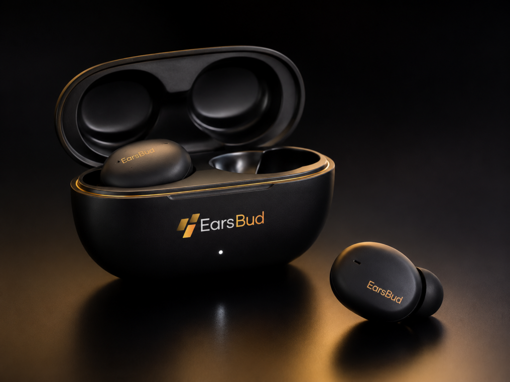 EarsBud Bean-Shaped Wireless Earbuds with Aesthetic Tech Design EarsBud bean-shaped wireless earbuds with matte black finish, compact stemless design, open charging case, gold branding, silicone ear tips, and aesthetic tech styling.