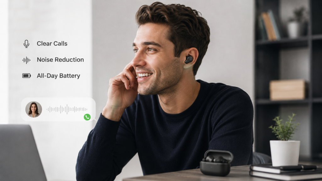 Best Budget Earbuds for Phone Calls with Clear Call Quality Person using budget earbuds for phone calls with clear call features, noise reduction, and all-day battery shown in a modern workspace.
