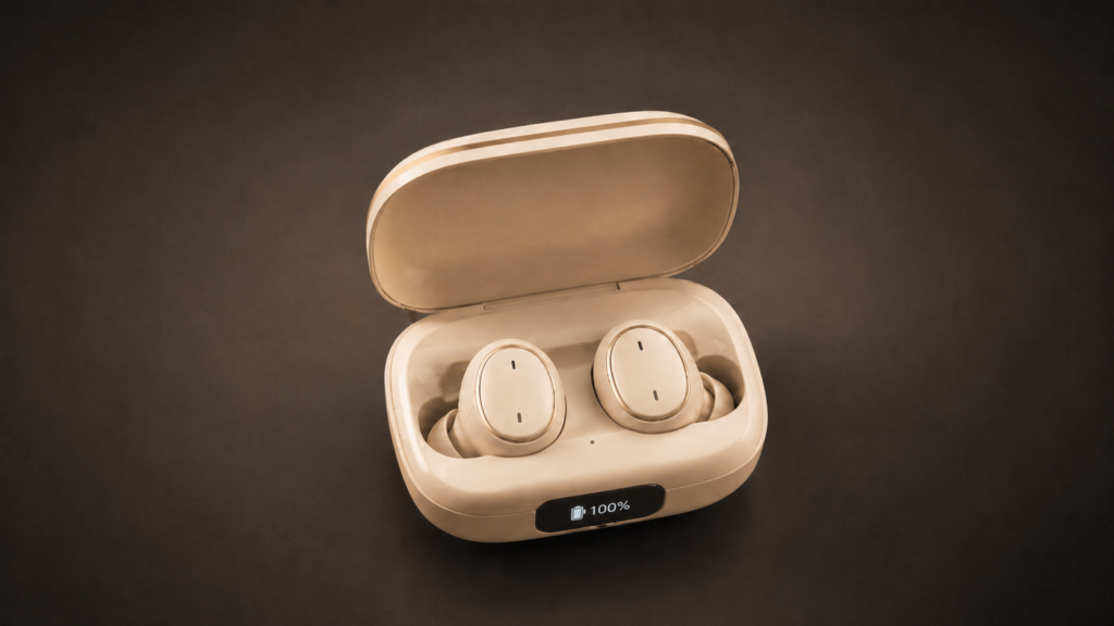 Best cheap earbuds in a cream charging case with a basic display screen, ideal for shoppers comparing the best earbuds under 100 and earbuds on sale.