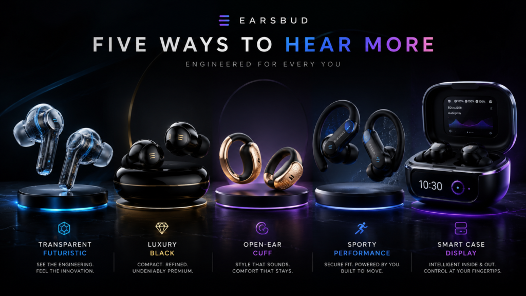 best looking earbuds aesthetic tech Best looking wireless earbuds design guide showing stylish earbuds, transparent earbuds, open-ear earbuds, smart charging cases, and premium aesthetic tech.