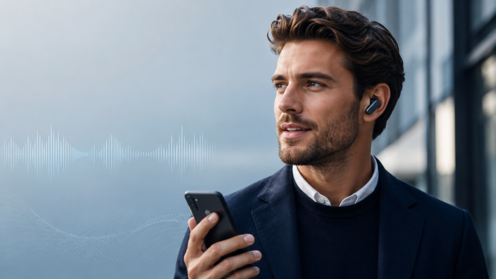Best TWS Earbuds for Calls with Premium Wireless Microphone Performance Professional person using Best TWS earbuds for calls, showing clear voice communication and wireless earbuds for work calls.