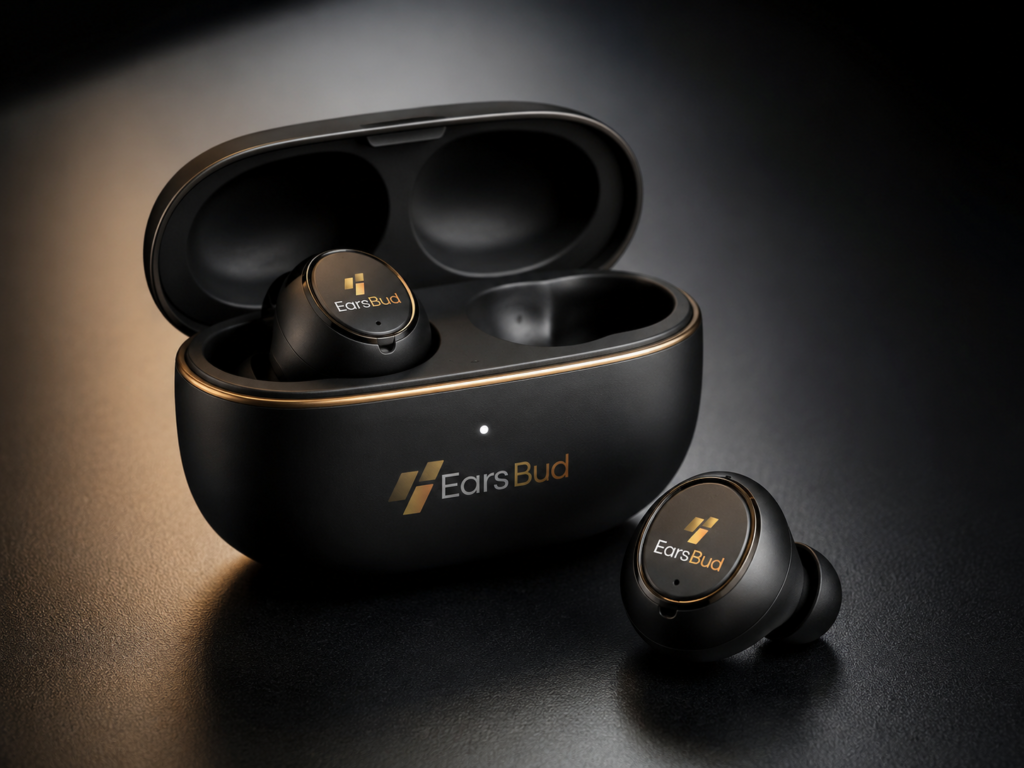 EarsBud Compact In-Ear Buds with Premium Wireless Design EarsBud compact in-ear buds with matte black finish, low-profile wireless earbud design, open charging case, silicone ear tips, gold accents, and premium aesthetic tech styling.