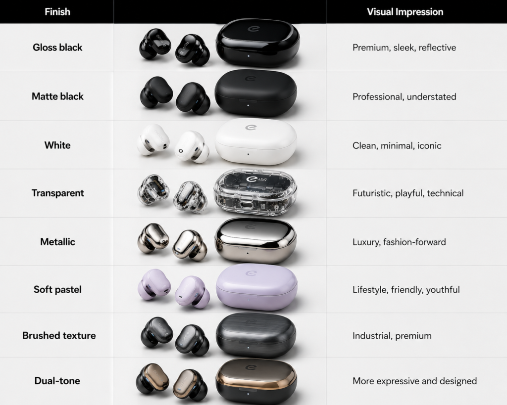 Earbud Finish Comparison: Gloss, Matte, Transparent, Metallic and More Earbud finish comparison chart showing gloss black, matte black, white, transparent, metallic, soft pastel, brushed texture, and dual-tone wireless earbuds with charging cases and visual impressions.