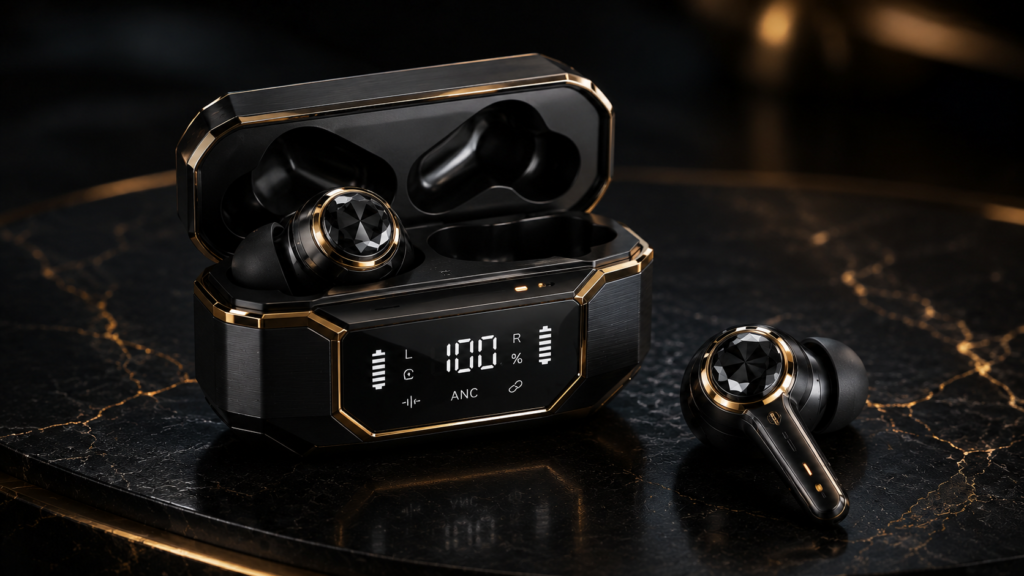 Original earbuds design with black and gold aesthetic tech styling, gemstone touch buttons, smart charging case display, ANC status, and luxury wireless premium earbuds on a dark marble surface.