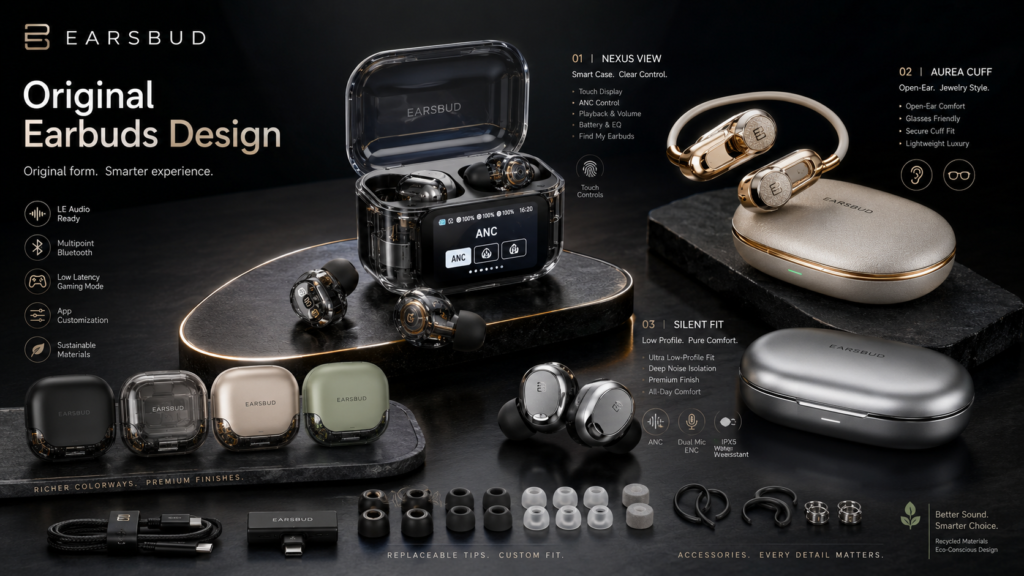 EarsBud Original Earbuds Design with Smart Case and Premium Open-Ear Styles EarsBud original earbuds design concept showing transparent smart case, open-ear jewelry earbuds, low-profile ANC earbuds, replaceable ear tips, premium finishes, and sustainable materials.