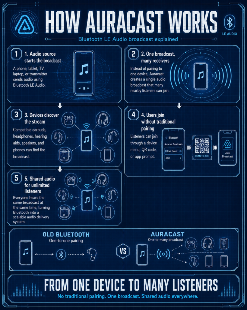 Blueprint infographic poster explaining how Auracast works, showing Bluetooth LE Audio broadcasting from one audio source to multiple earbuds, headphones, hearing aids, speakers, and phones without traditional pairing.