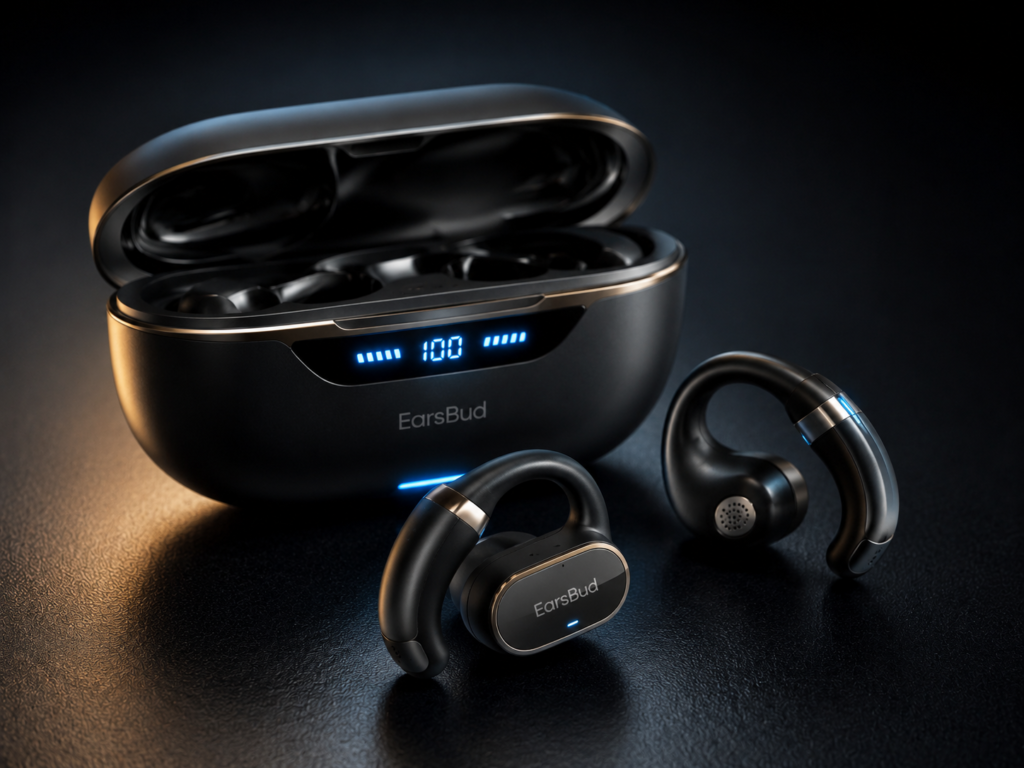 EarsBud Open-Ear Cuff Earbuds with High-Tech Smart Case EarsBud open-ear cuff earbuds with high-tech loop design, smart charging case display, blue LED accents, open-ear comfort, and futuristic aesthetic tech styling.