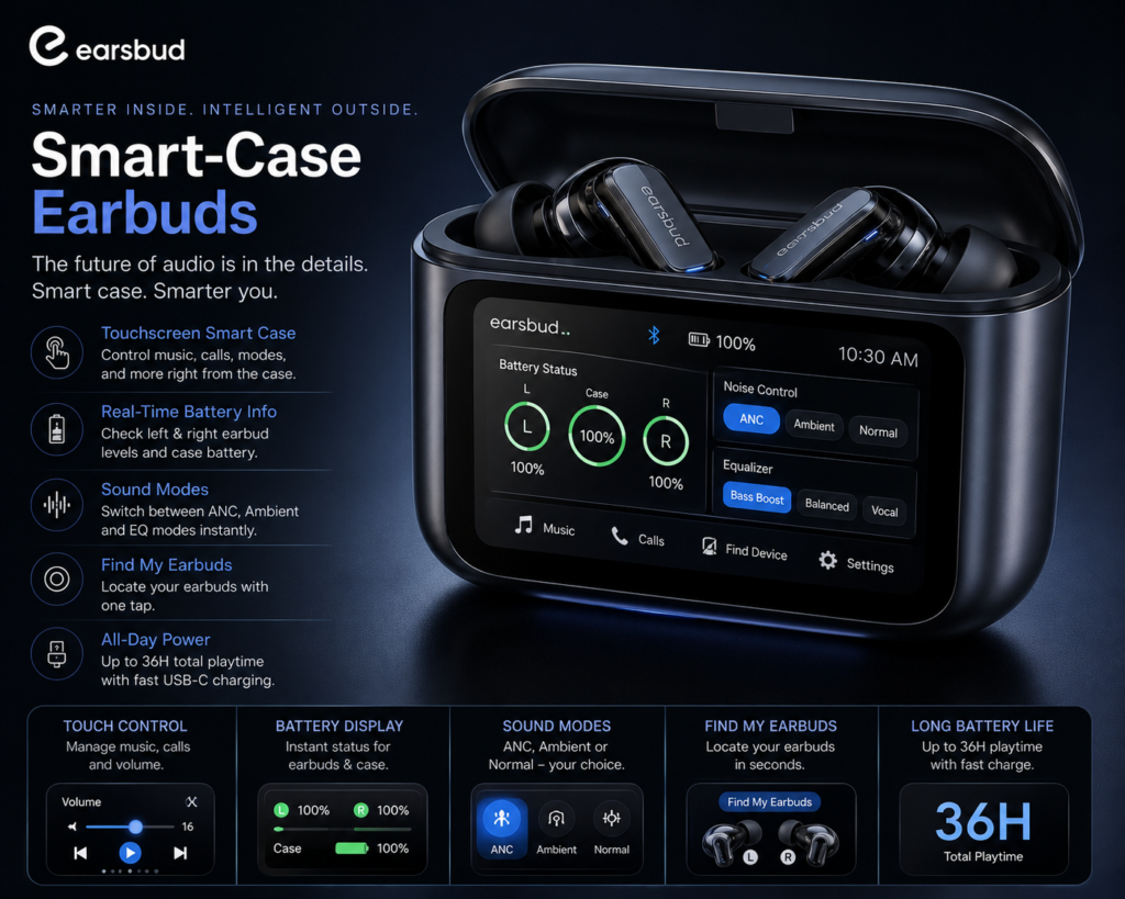 Smart-Case Earbuds with Touchscreen Display and Battery Indicators Smart-case earbuds with touchscreen-style charging case display, left and right battery indicators, LED status icons, app-like interface, and premium wireless earbud design.