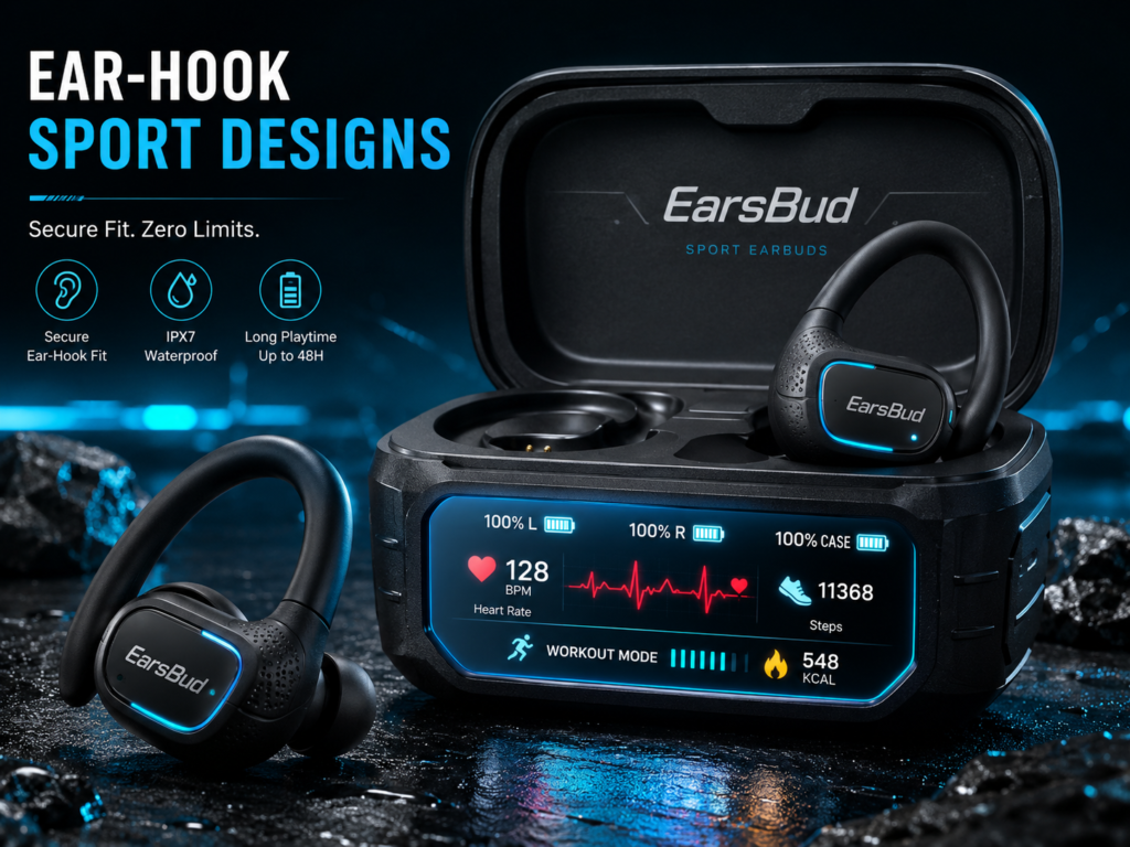 Sports Earbuds with Ear-Hook Fit and Smart Fitness Display Sports earbuds with secure ear-hook design, EarsBud branding, waterproof workout earbuds, smart charging case display, heart rate monitor, steps, calories, and long battery life.