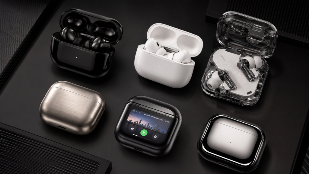 Stylish Earbuds with Original Premium Charging Case Designs Stylish earbuds charging cases with original earbuds design, showing premium earbuds in glossy black, white, transparent, metallic, and smart screen-case finishes.