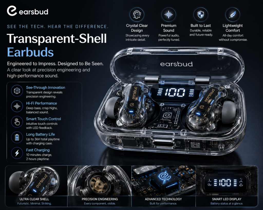 EarsBud Transparent-Shell Earbuds with See-Through Tech Design EarsBud transparent-shell earbuds with see-through casing, visible internal components, smart LED charging case display, blue light accents, and futuristic aesthetic tech design.