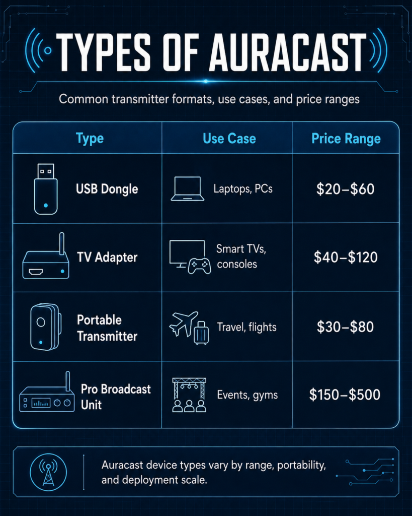 Research infographic showing types of Auracast devices, including USB dongles, TV adapters, portable transmitters, and pro broadcast units with use cases and price ranges for Bluetooth LE Audio broadcasting.