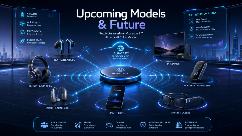 Futuristic Auracast technology visual showing upcoming Bluetooth LE Audio models, including next-gen earbuds, headphones, TV adapters, portable transmitters, hearing aids, smartphones, and smart glasses connected through one broadcast audio hub.