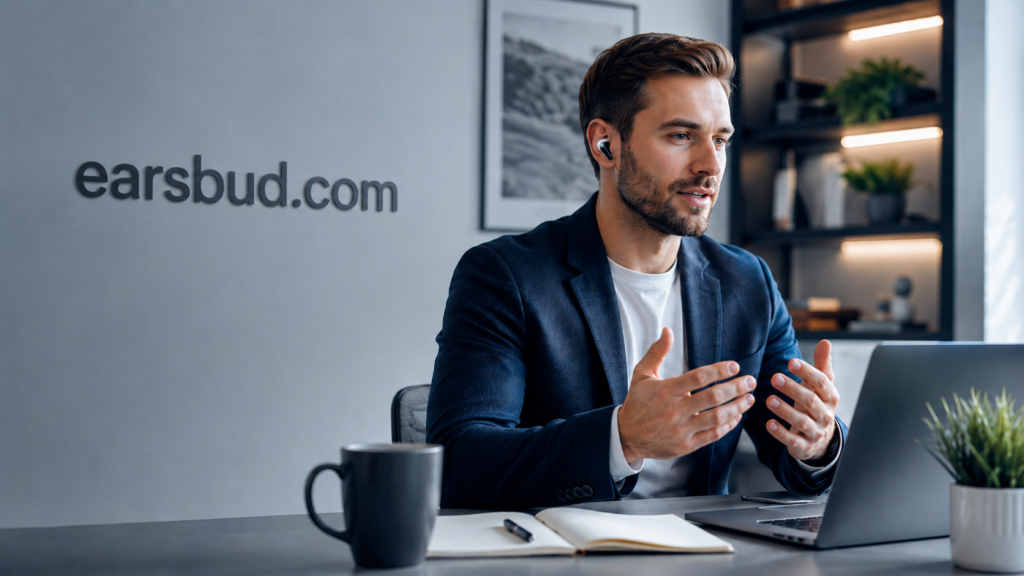 Best Wireless Earbuds with Microphone for Work Calls Professional using wireless earbuds with microphone during a work call on a laptop in a modern office setting.