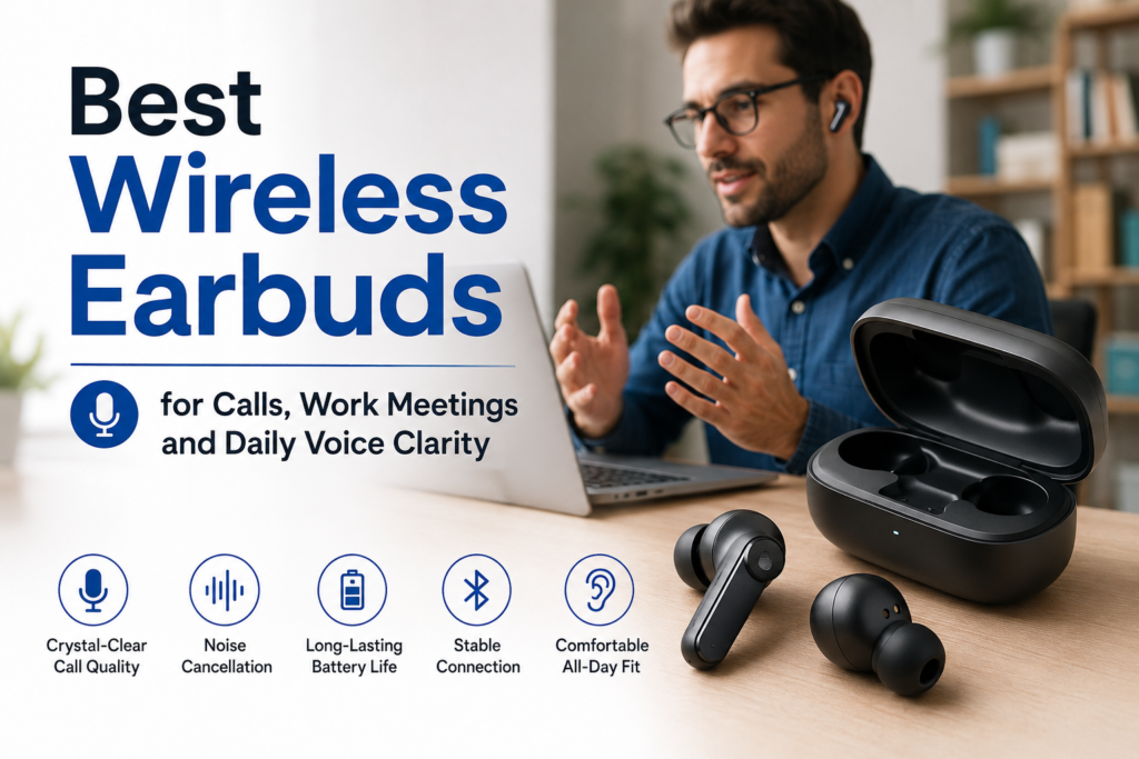 Best Wireless Earbuds for Calls, Work Meetings and Daily Voice Clarity (2026) Best wireless earbuds for calls displayed with an open charging case, microphone features, noise cancellation technology, and a professional working from home setup for clear voice communication.