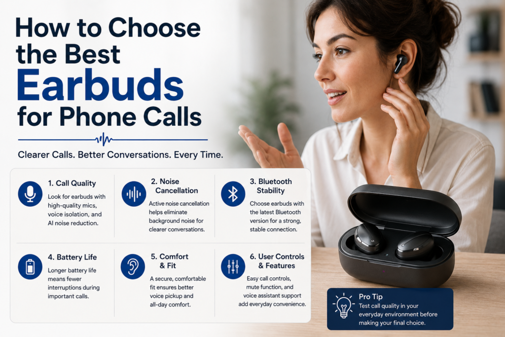 How to Choose the Best Earbuds for Phone Calls (2026 Buyer's Guide) Guide explaining how to choose the best earbuds for phone calls, featuring wireless earbuds, call-quality icons, noise cancellation features, Bluetooth stability, battery life, and voice clarity considerations.