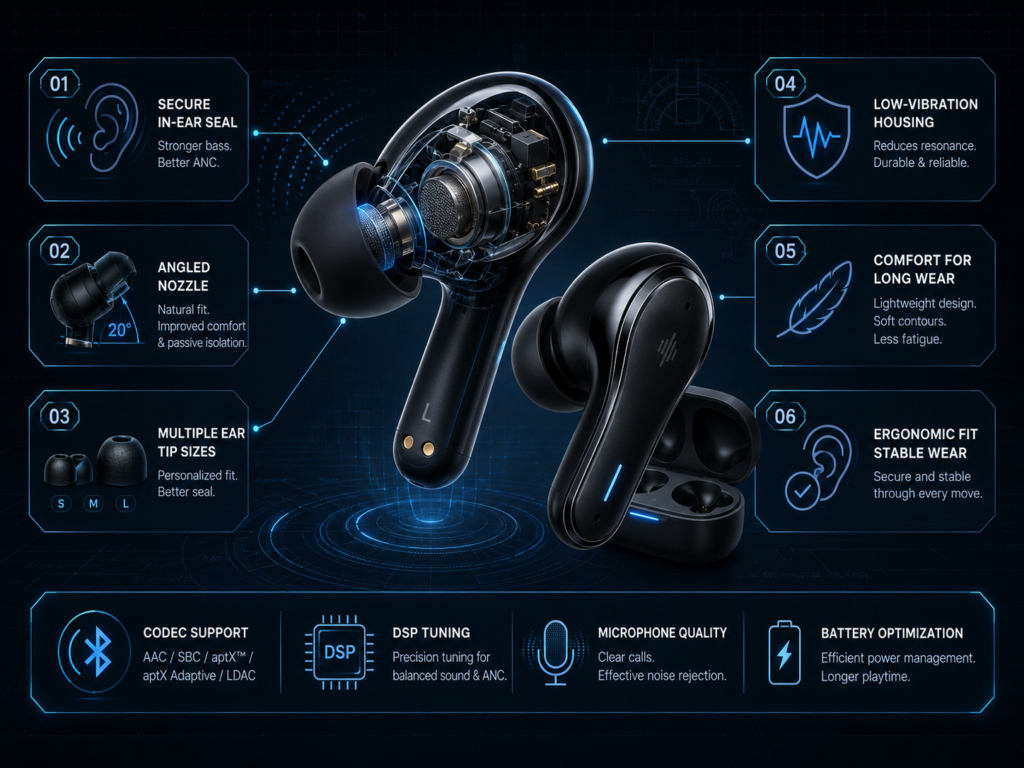 Acoustic and Ergonomic Design of TWS Earbuds Technical infographic showing TWS earbuds with secure in-ear seal, angled nozzle, multiple ear tip sizes, low-vibration housing, ergonomic fit, and comfort-focused acoustic design.