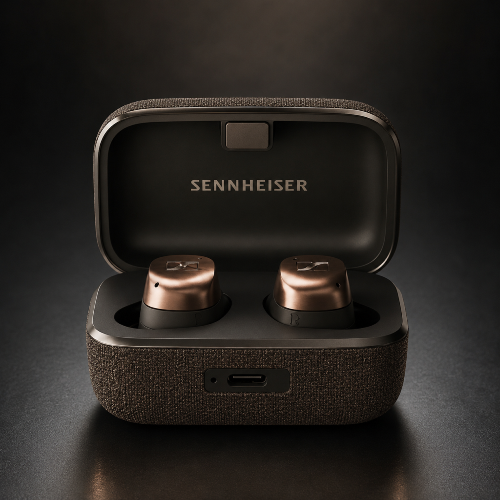 Active Noise Cancellation Earbuds in Premium Brass Charging Case Premium active noise cancellation earbuds in a brass charging case for immersive wireless listening and reduced background noise