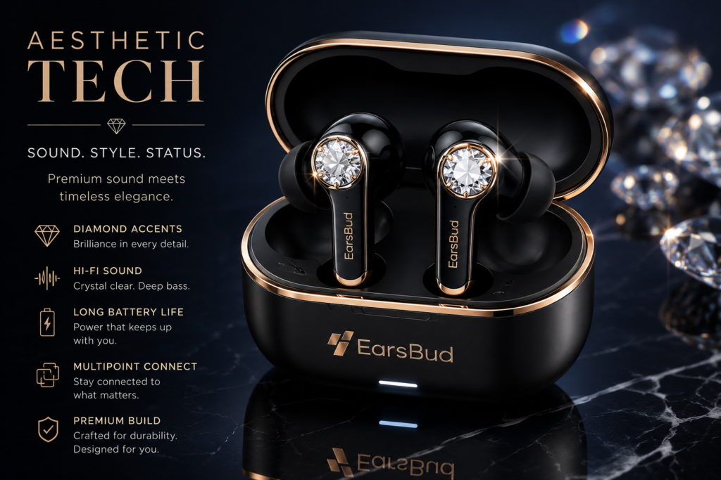 Aesthetic Tech earbuds featuring diamond-integrated touch controls, premium metallic accents, luxury charging case, and sophisticated wireless earbud design with high-end fashion-inspired styling.