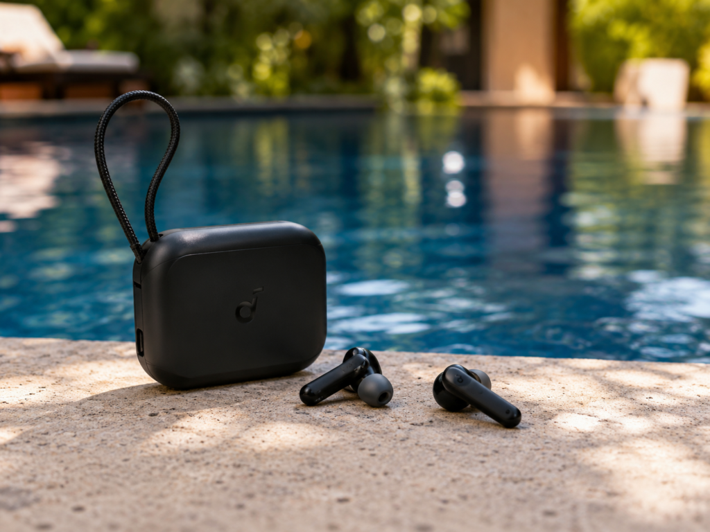 Anker Soundcore P41i earbuds and charging case beside a pool, showing a premium black design for affordable wireless listening.