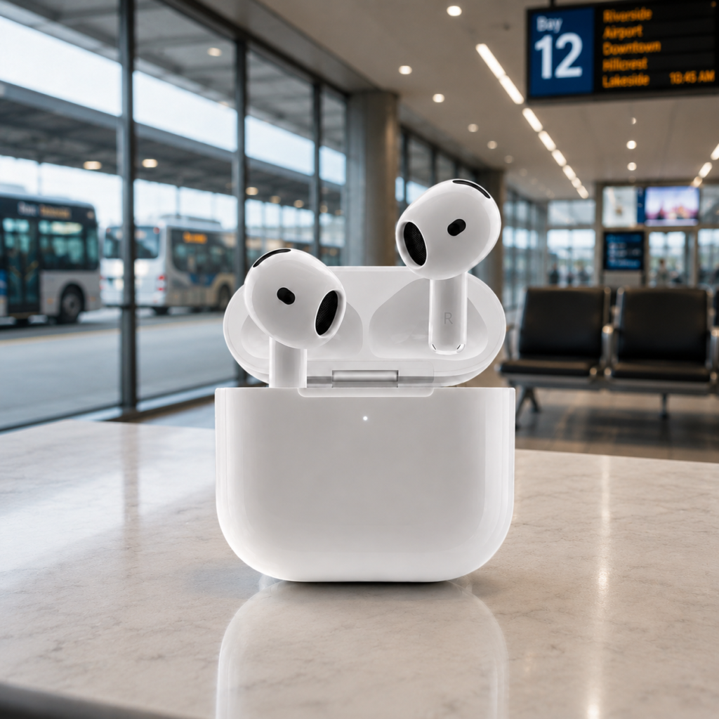 Apple AirPods 4 with ANC for Travel at a Bus Station Apple AirPods 4 with ANC in an open charging case at a bus station, showing travel-ready wireless earbuds with active noise cancellation.