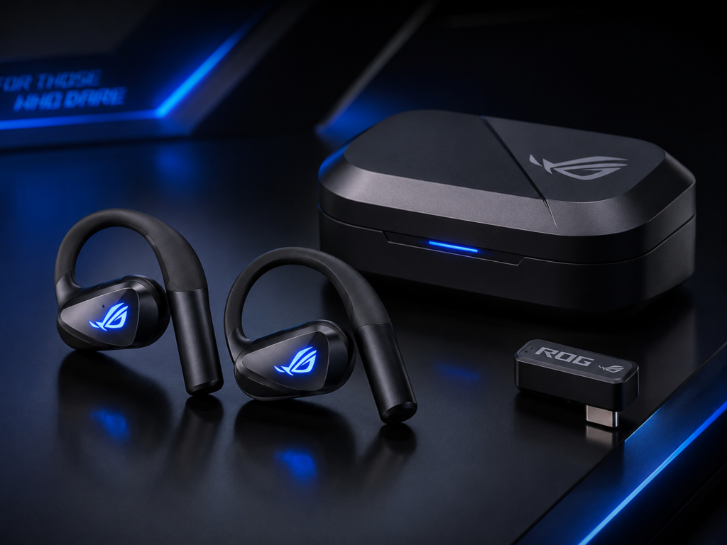 ASUS ROG Cetra Open Wireless open-ear gaming earbuds with charging case and USB-C dongle, showing earbuds gaming streamers use.