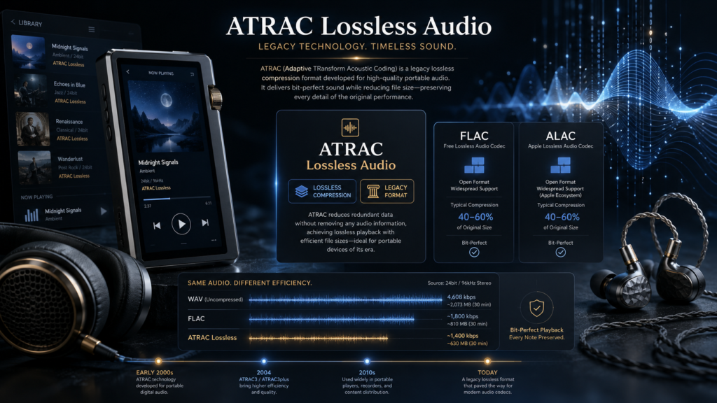ATRAC lossless audio infographic showing a digital audio player, headphones, waveform data, and comparison cards for ATRAC, FLAC, and ALAC lossless audio formats.