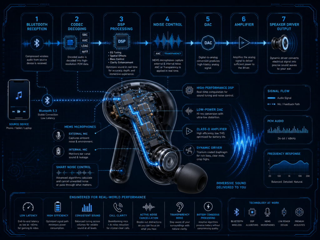 Audio Processing Pipeline in TWS Earbuds Infographic showing the audio processing pipeline in TWS earbuds, including Bluetooth reception, codec decoding, DSP processing, noise control, DAC conversion, amplifier stage, and speaker driver output.