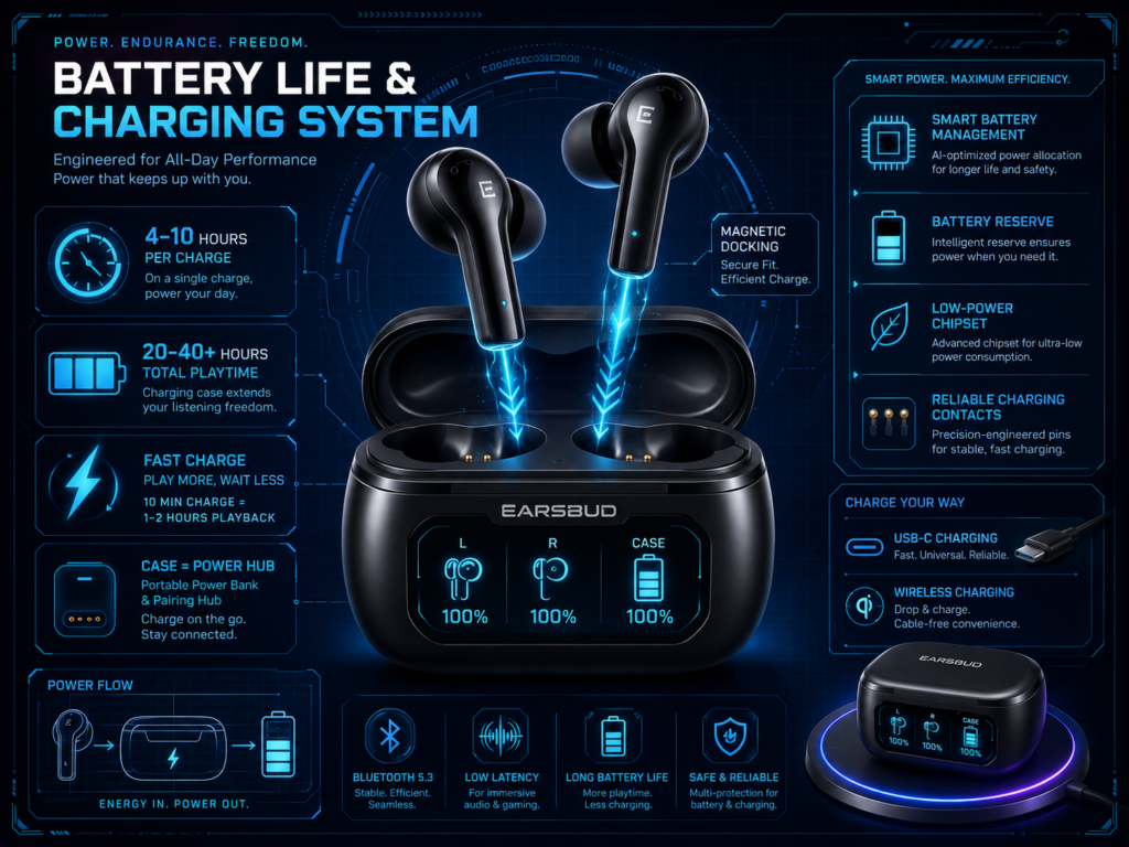 Battery Life and Charging System in TWS Earbuds EARSBUD branded TWS earbuds with a smart charging case display showing battery levels, fast charging, USB-C charging, wireless charging, magnetic docking, and long battery life features.