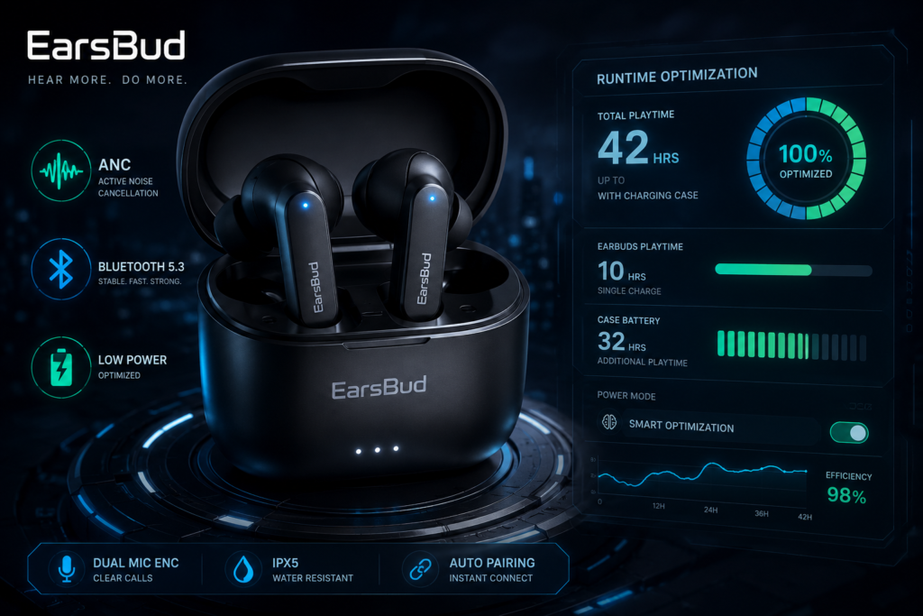 Battery Life Tips for Earbuds – Maximize Playtime and Charging Efficiency Dark futuristic EarsBud wireless earbuds in an open charging case with glowing battery indicators, ANC icon, Bluetooth connectivity symbol, and runtime optimization dashboard illustrating battery life tips for earbuds