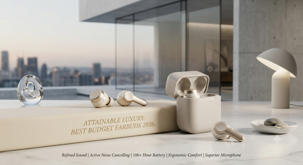 A premium lifestyle photoshoot of stylish cream and gold true wireless earbuds with an open charging case on a white marble tabletop. Text engraved on a luxury leather block reads "Attainable Luxury. Best Budget Earbuds 2026" against a blurred modern penthouse and city skyline backdrop.
