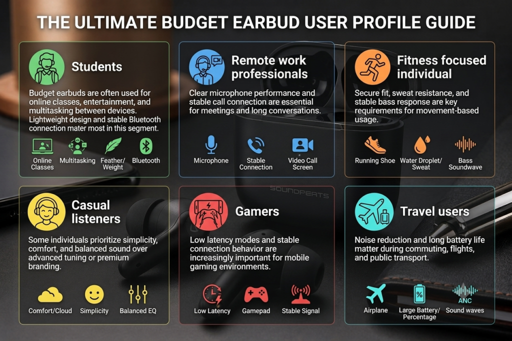 Infographic titled "The Ultimate Budget Earbud User Profile Guide" detailing the best budget earbuds 2026 features for students, remote workers, fitness individuals, casual listeners, gamers, and travel users, overlaid on a studio shot of matte black wireless earbuds and their charging case.