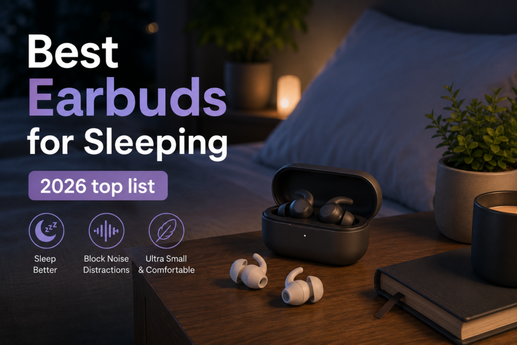 Best earbuds for sleeping 2026 top list featuring compact wireless sleep earbuds in a cozy bedroom setting designed for comfort, noise reduction, and uninterrupted rest.