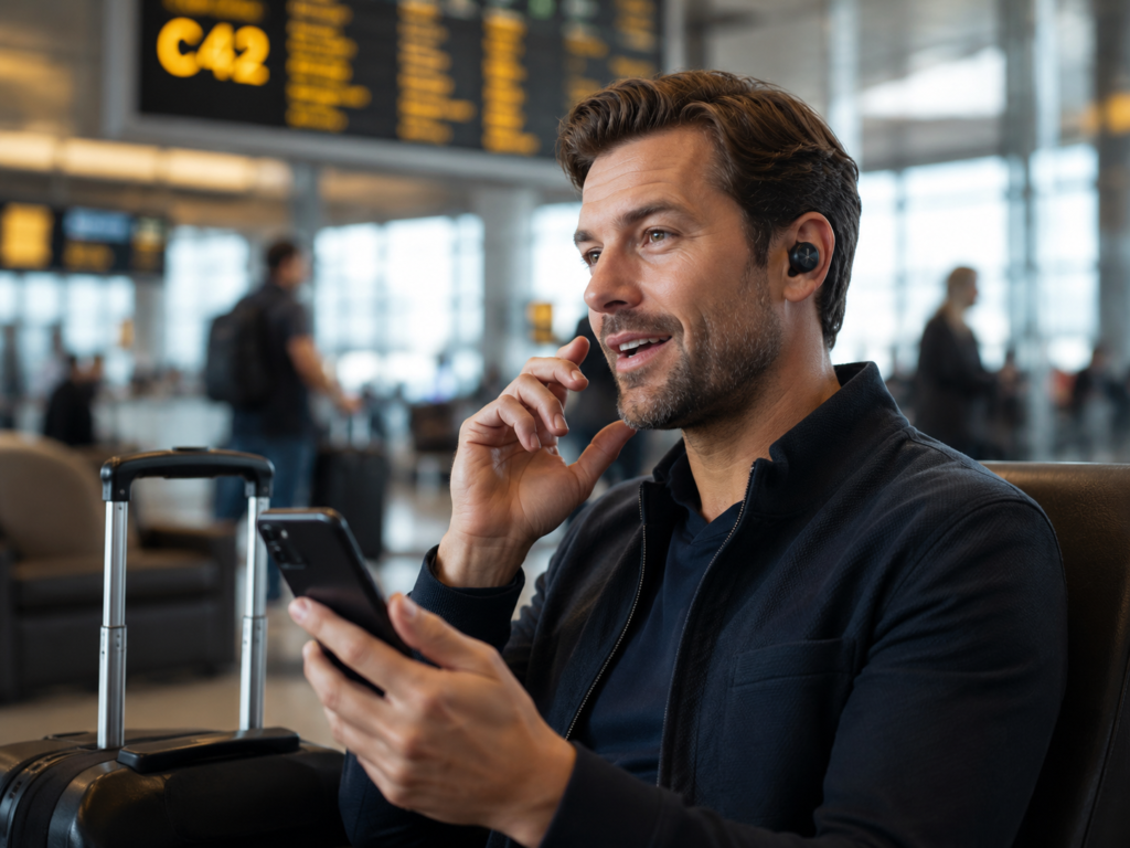 Best Noise Cancelling Earbuds for Travel Calls: Technics EAH-AZ100 Traveler taking a phone call in an airport while wearing Technics EAH-AZ100 noise cancelling earbuds, shown as one of the best noise cancelling earbuds for calls while traveling.