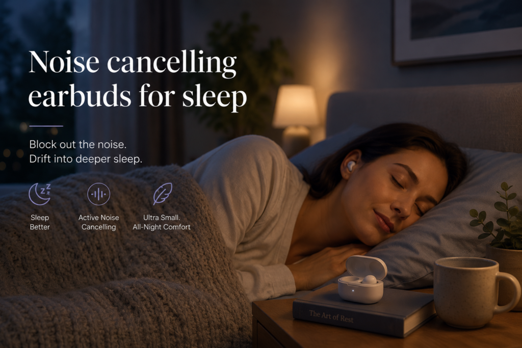 Best noise cancelling earbuds for sleeping shown in a cozy bedroom with a sleeper wearing comfortable wireless earbuds designed to block noise and improve sleep quality.