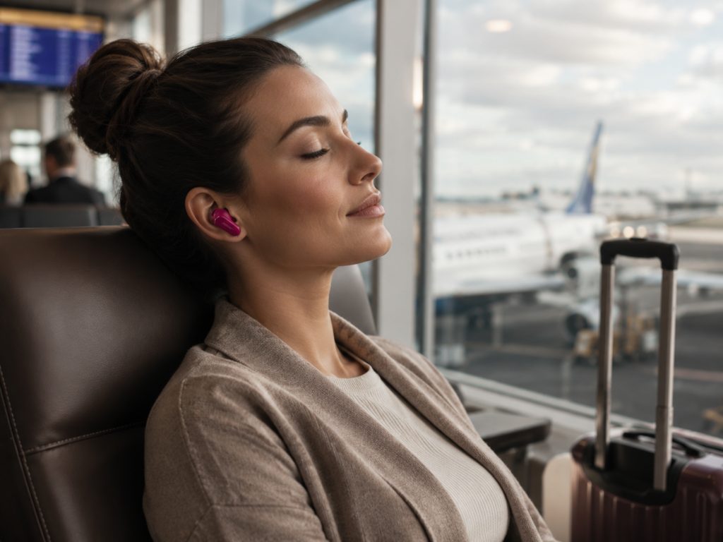 Traveler wearing magenta noise cancelling earbuds in an airport lounge, showing the best noise cancelling earbuds for travel with deep ANC and comfort.