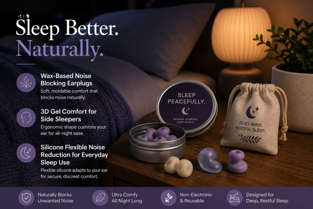 Best sleep earbuds and noise-blocking sleep solutions displayed on a bedside table in a relaxing bedroom environment, featuring wax, gel, and silicone options for comfortable overnight use.