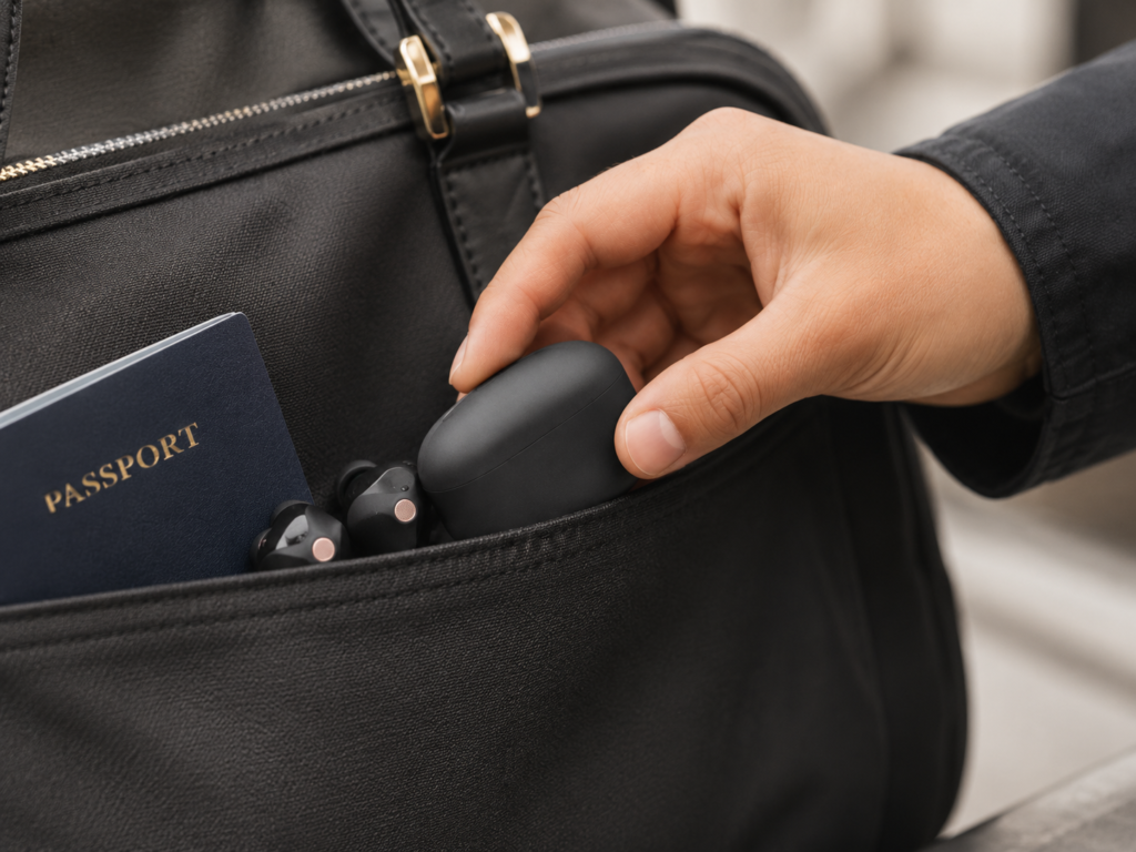 Best Travel Earbuds: Sony WF-1000XM6 Compact Carry Option Sony WF-1000XM6 earbuds and compact charging case placed inside a small travel purse pocket with a passport, showing the best travel earbuds for easy carry.