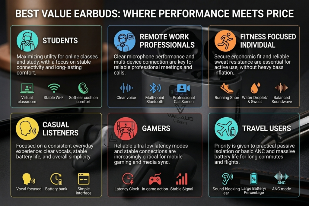 An infographic titled "Best Value Earbuds: Where Performance Meets Price" breaking down features for six user groups (Students, Remote Workers, Fitness, Casual, Gamers, and Travel) overlaid on a studio shot of metallic gray wireless earbuds and their charging case.