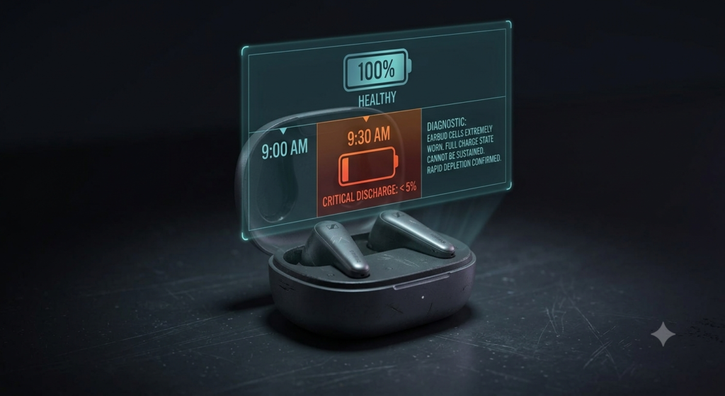 Troubleshooting Bluetooth Earbuds Charging Problems and Battery Health Decay A close-up of a holographic diagnostic screen above a pair of Bluetooth earbuds, showing "100% HEALTHY" at 9:00 AM, but rapid depletion to "< 5%" critical discharge by 9:30 AM due to worn battery cells.