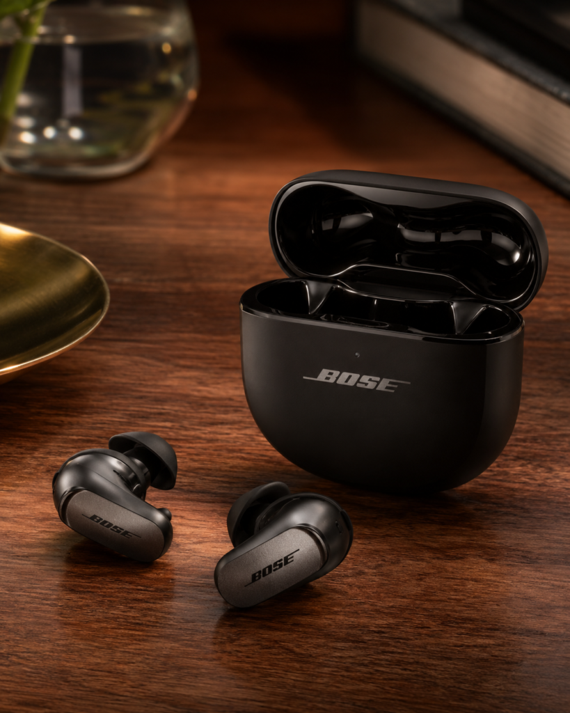 Bose QuietComfort Ultra 2nd Gen Best ANC Earbuds with Premium Charging Case Bose QuietComfort Ultra 2nd Gen among the Best ANC earbuds with open charging case on a wooden table in a luxury premium product photoshoot.
