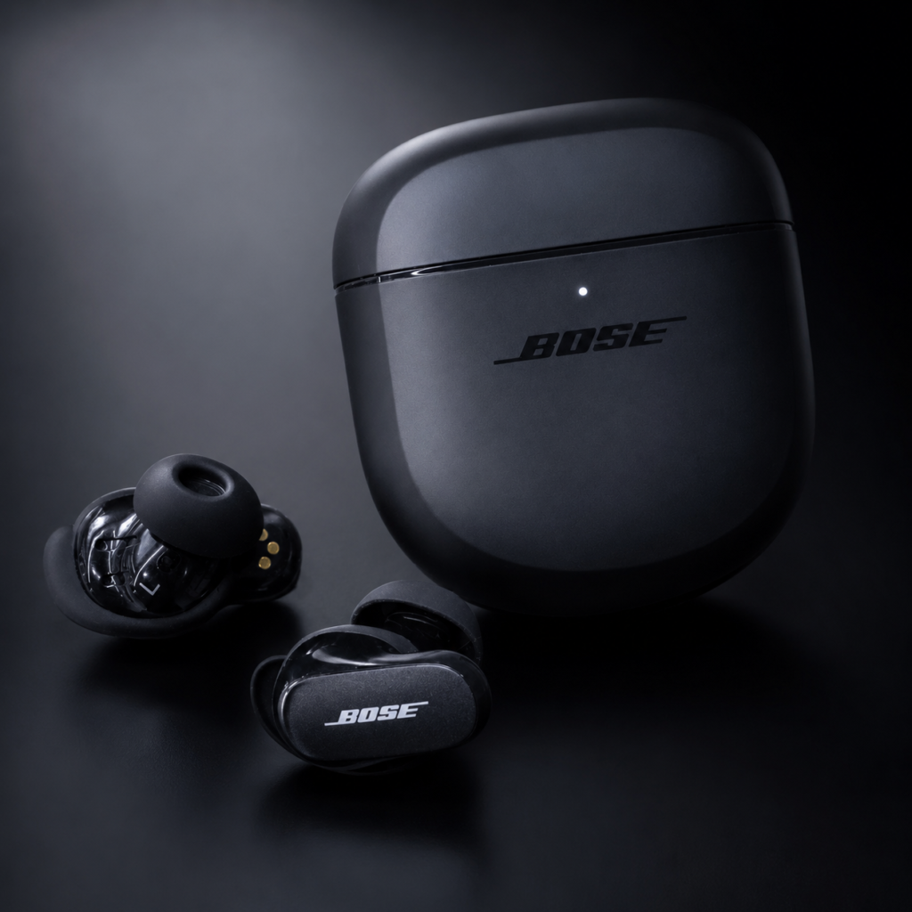 Bose QuietComfort Ultra 2nd Gen TWS Earbuds Premium Product Image Bose QuietComfort Ultra 2nd Gen True Wireless earbuds with black charging case in a premium luxury product photoshoot.