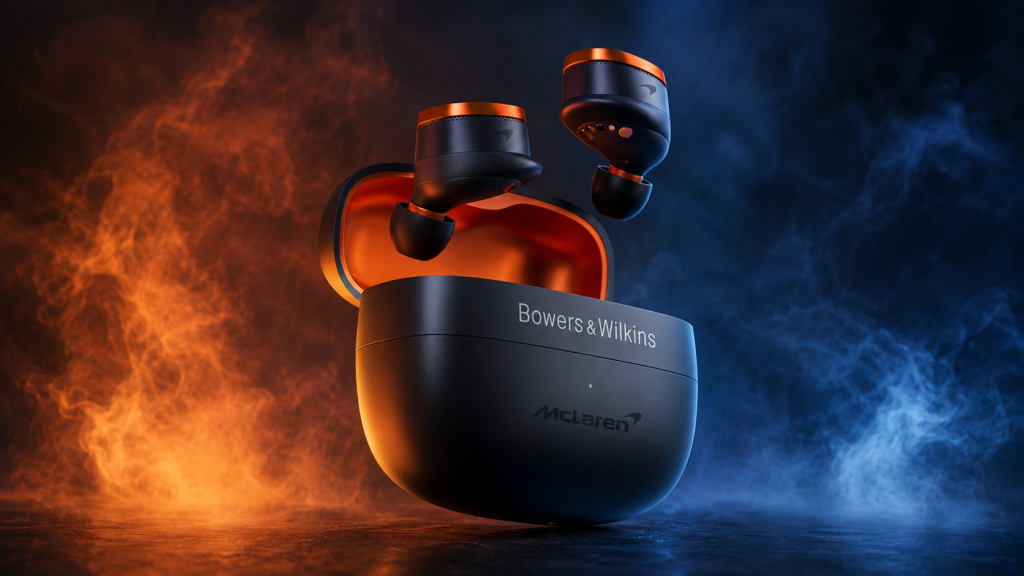 Bowers & Wilkins Pi8 Premium Audiophile Earbuds Bowers & Wilkins Pi8 true wireless earbuds with an open charging case in a dark smokey luxury background with vivid orange and blue lighting.