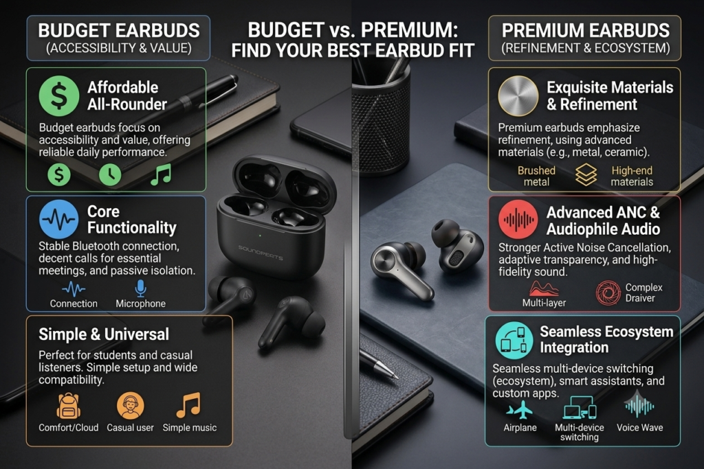 An infographic comparing Budget Earbuds vs Premium Earbuds. The image is split, with the left side detailing budget features like affordability, core functionality, and simple setup, and the right side detailing premium features like exquisite materials, advanced ANC, and ecosystem integration.