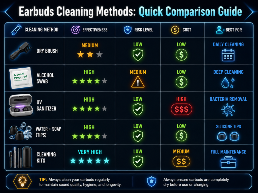 Earbuds cleaning methods comparison chart showing dry brush, alcohol swab, UV sanitizer, water and soap for silicone tips, and cleaning kits with effectiveness, risk level, cost, and best use.