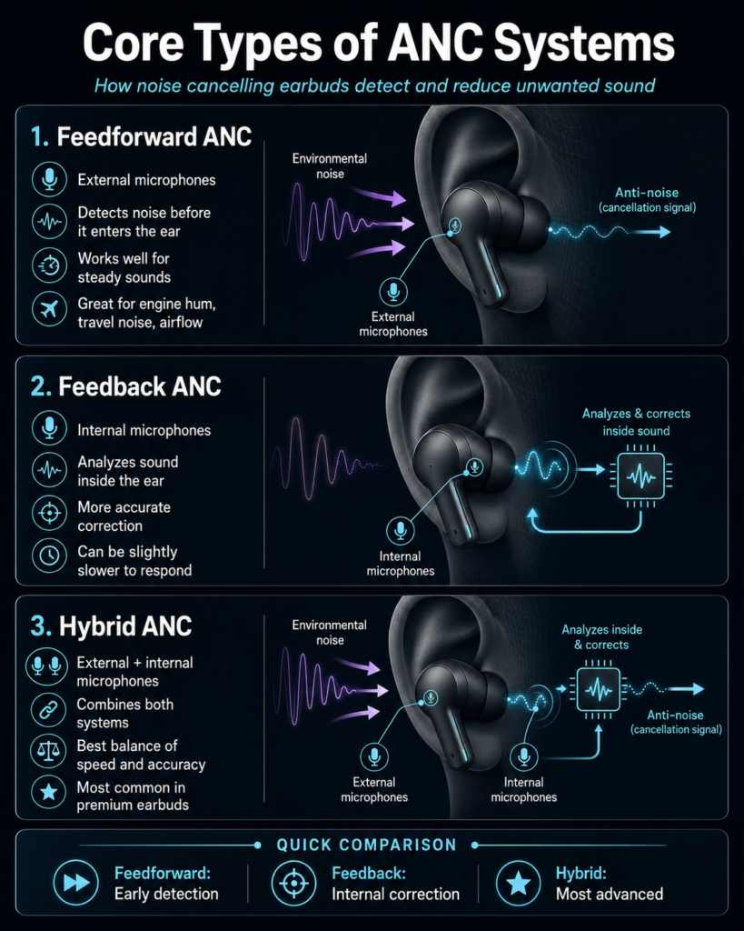 Core Types of ANC Systems: Feedforward ANC, Feedback ANC and Hybrid ANC Infographic explaining Feedforward ANC, Feedback ANC, and Hybrid ANC systems in noise cancelling earbuds with microphone placement and anti-noise signal flow.